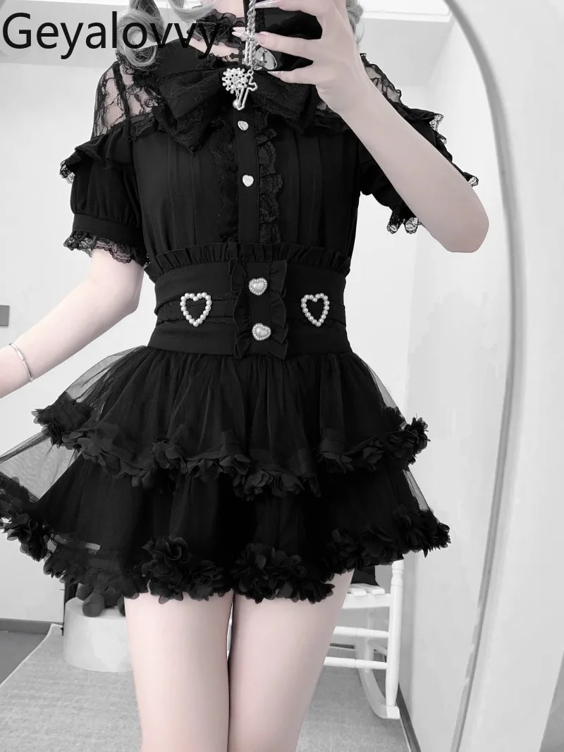 

Japanese Mass-produced Short-sleeved Bow Off-shoulder Shirt Sweet Girls' Versatile Solid-color Top and High-waisted Skirt Set