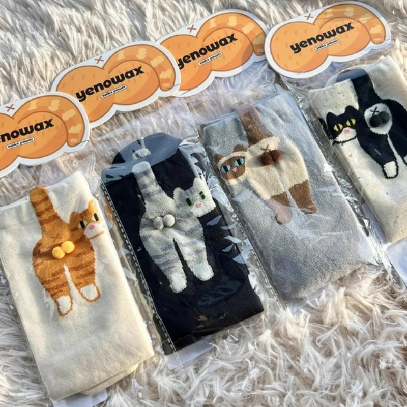 

16 стилей, забавные носки до середины икры с кошачьими попками и шариками, милые хлопковые дышащие мягкие женские носки до щиколотки, новые подарки для любителей кошек