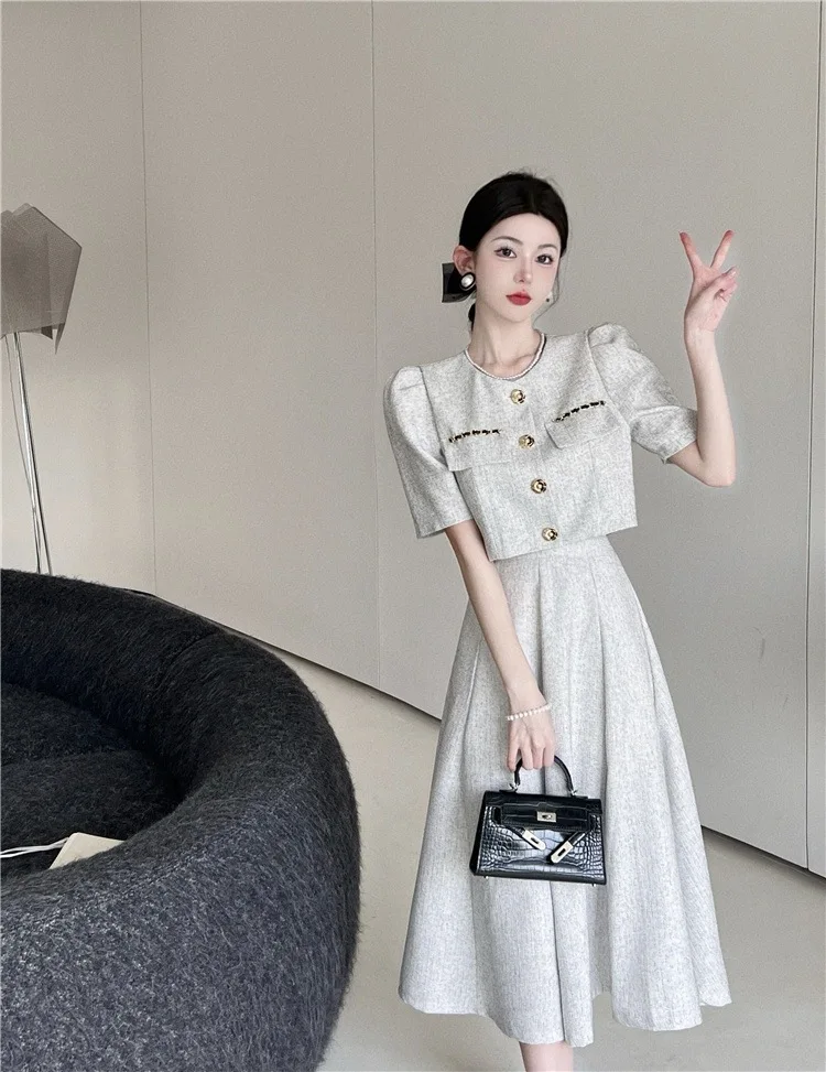 Small Fragrant Summer 2-Piece Set for Women Sweet Elegant Sets Short Sleeve Cropped Coat+Midi A-line Skirt Suit Korean Outfit