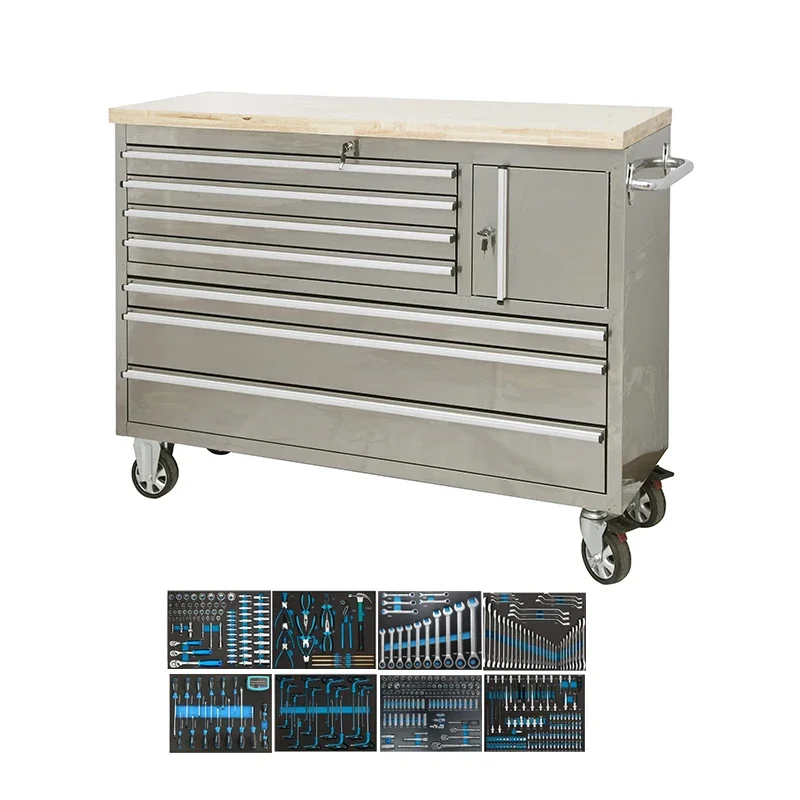 -7-drawer Big Tool Trolley Wooden Top Stainless Steel Storage With One Small Lockable Cabinet For Garage Use
