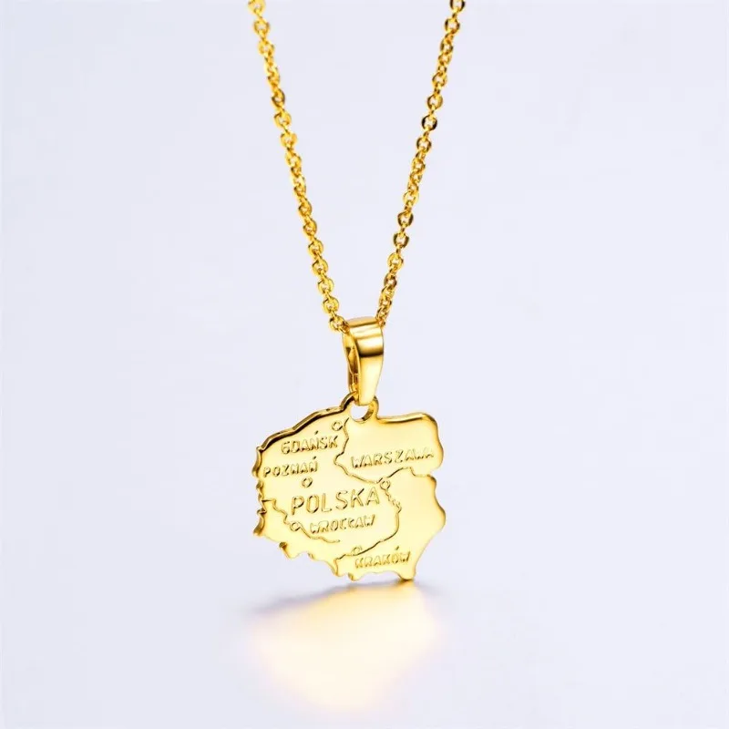 Poland Nation Map Pendant Patriotism Jewelry 14K Gold Plated Necklace Pendant with Adjustable Rolo Chain