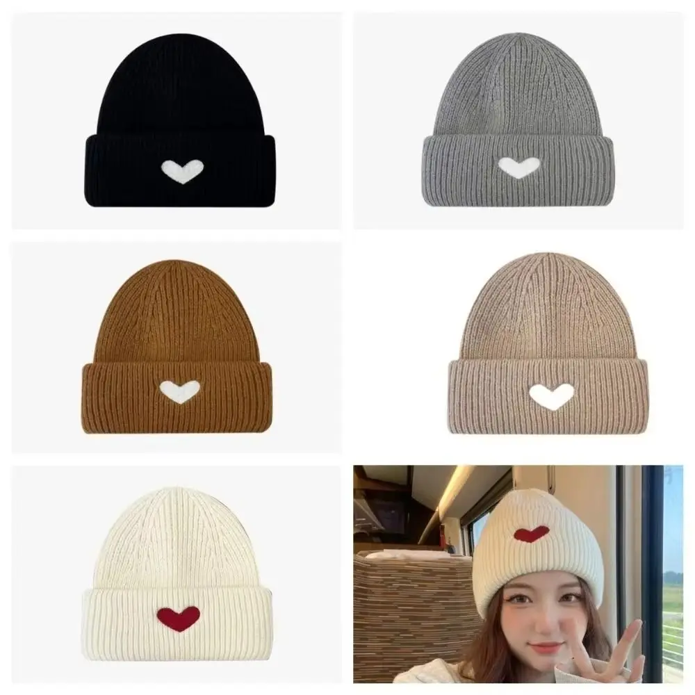 

Fashion Heart Embroidery Winter Knitted Hat Solid Color Thick Warm Beanie Cap Windproof Soft Crochet Bonnet Hat
