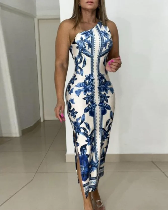 

Printed one shoulder sleeveless tight fitting dress, fashionable and sexy, slim fit and slit Midi dress, summer new style