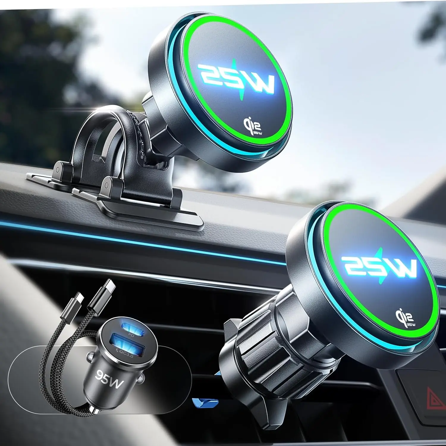 

25W MagSafe Car Mount Charger with Cooling Fan & Fast Adapter, Wireless Fast Charging for iPhone and Galaxy