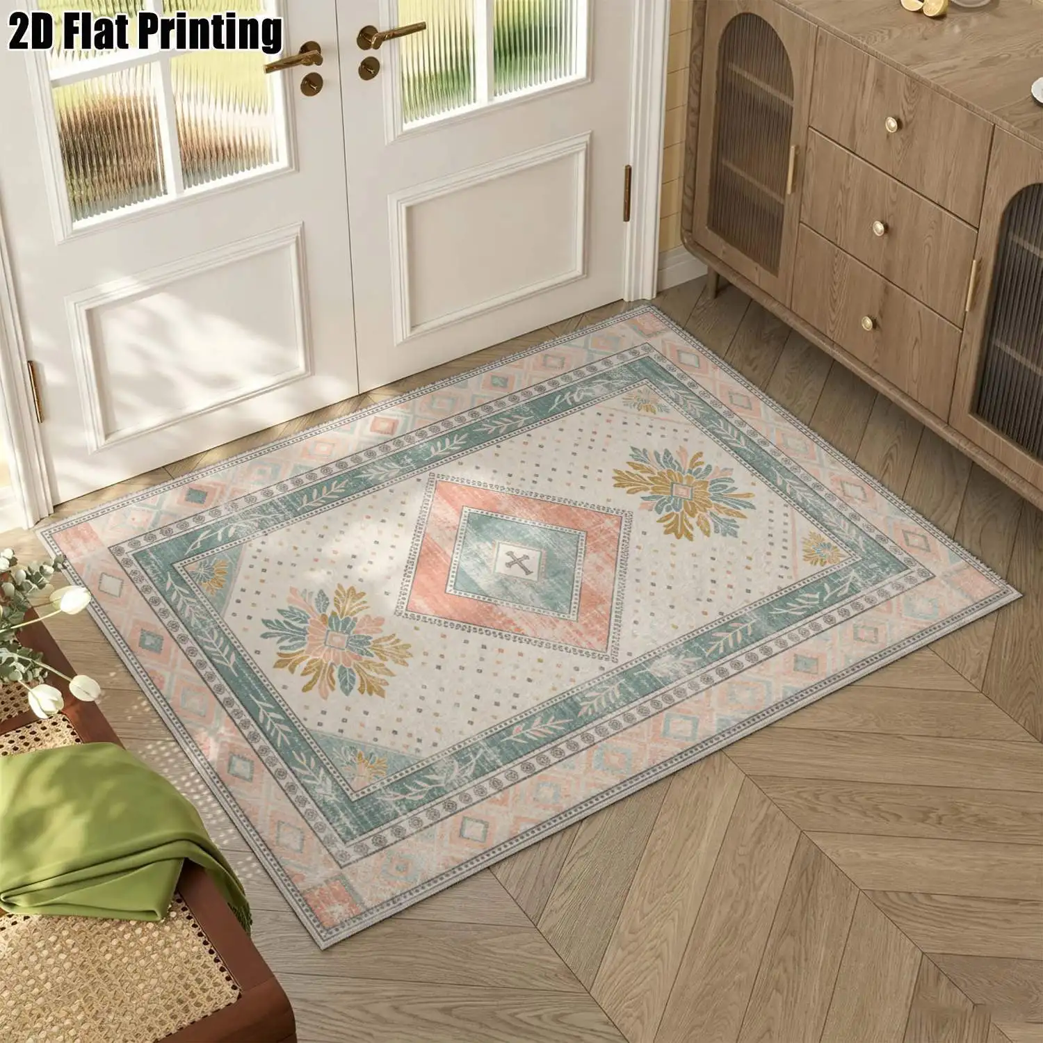 1Pc 2D Printed Red-Brown Retro Floral Carpet: Vintage European Bohemian Rug for Home Decor, Multi-Size, Machine Washable, Suitable for Entrance, Dining, Foyer, Study, Living Room, Bedroom