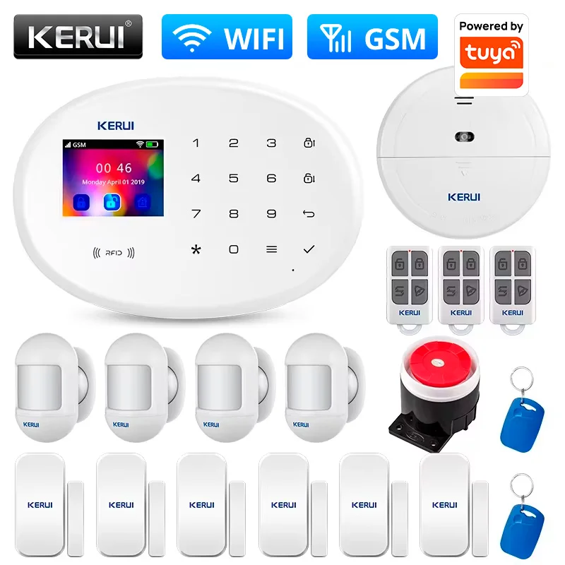 KERUI Home Security Protection WIFI GSM Alarm System Kit Works with Tuya Support Alexa with Door Opening Sensor Motion Detector