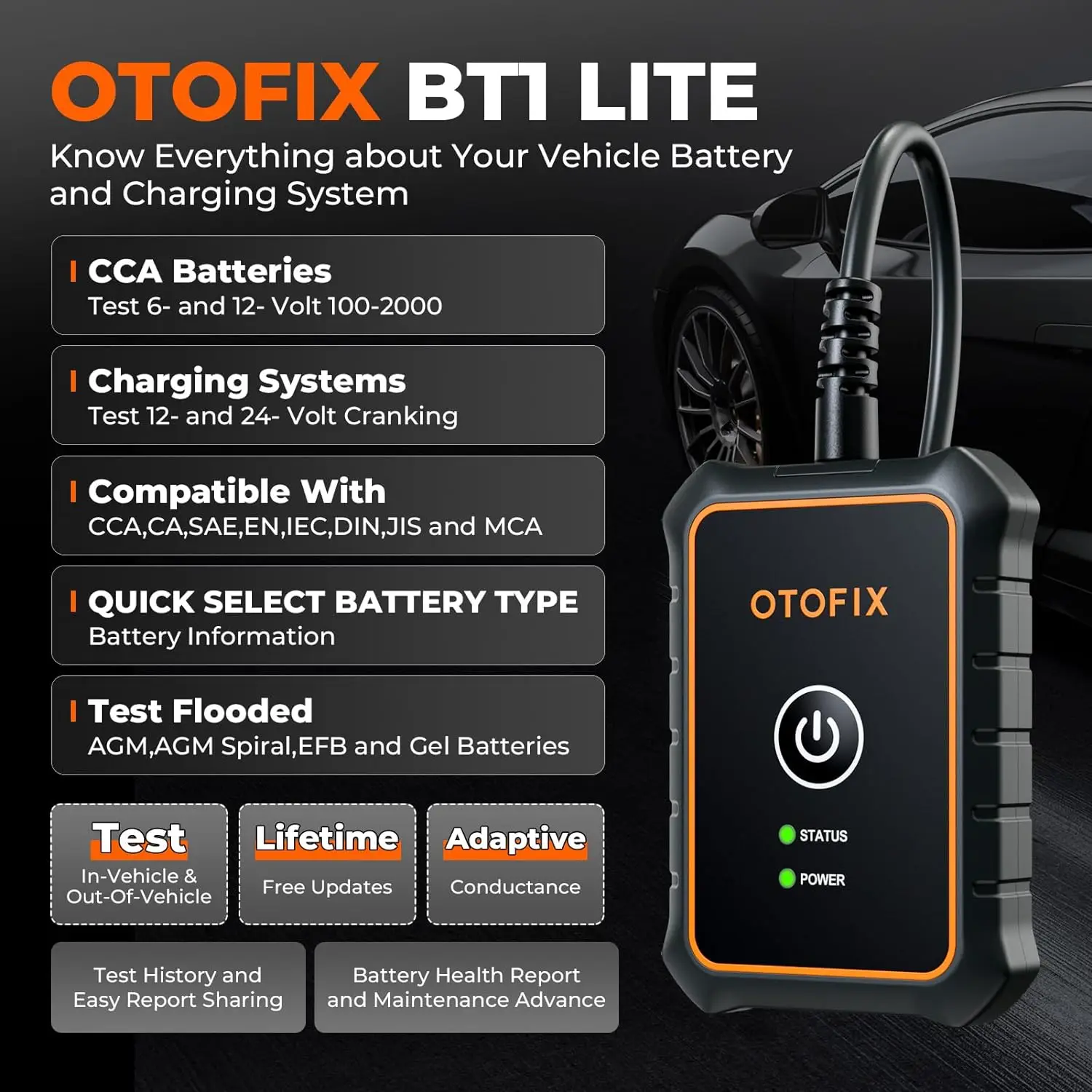 Otofix Battery Tester BT1-Lite 6V 12V 100-2000 CCA Car Battery Analyzer Cranking & Charging Test Tool Test for All Vehicles