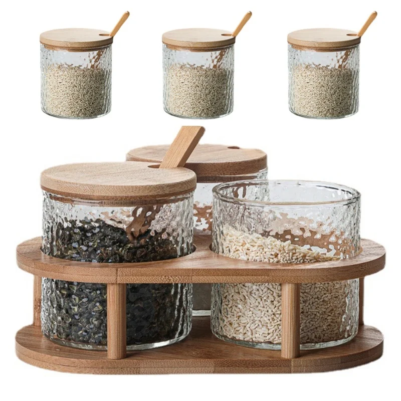 280Ml Seasoning Containers Set Japan Hammered Glass Seasoning Storage Box Kitchen Salt Spice Jar Bag Bamboo Lid Spoon Shelf