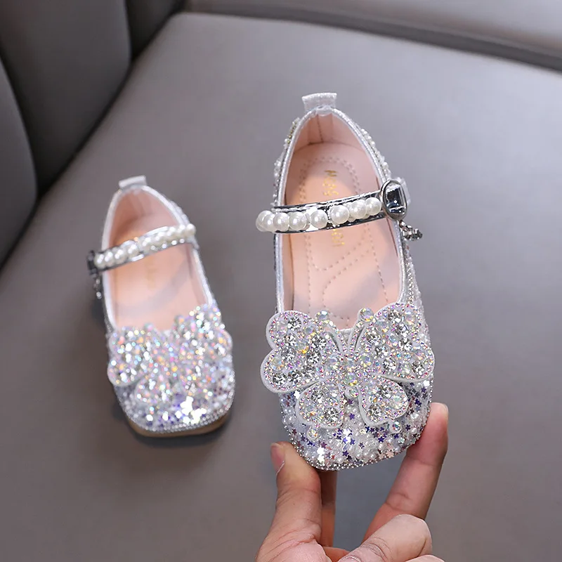 Girls Princess Leather Shoes Sweet Rhinestone Butterfly Kids Causal Wedding Party Shoes Fashion Shallow Sequins Children Shoes