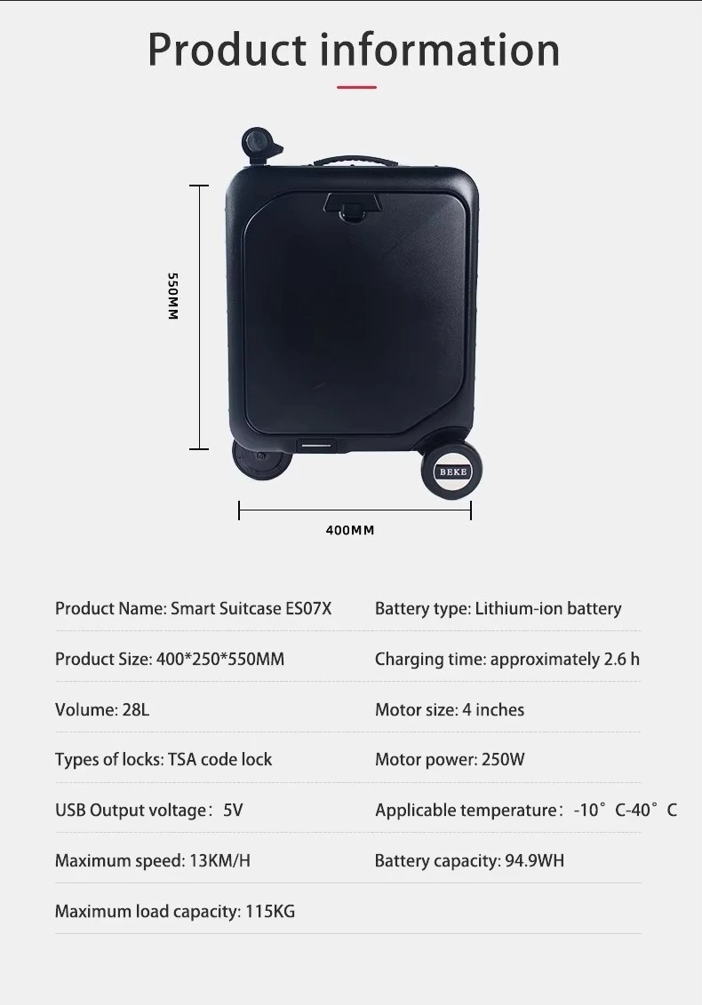 NEW Arrival Smart Electric Riding Suitcase 20 Inch Carry-on Scooter Luggage with App Remote Control & Removable Battery TSA Lock
