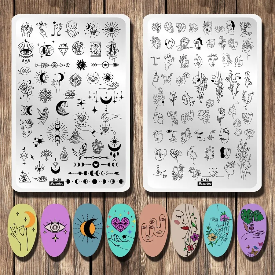 

2pcs Large Abstract Face Galaxy Nail Stamping Plates for Creative Nail Art Design with Girl Face Pictures Moon and Star Pattern