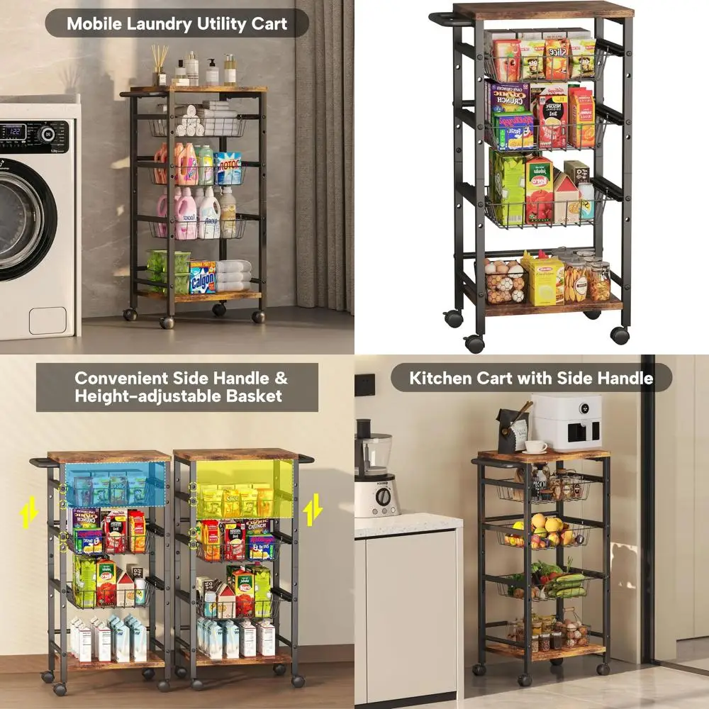 

5-Tier Adjustable Basket Cart for Kitchen Storage and Snack Organization