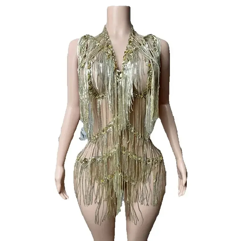 Diamond party outfit Rhinestones Fringed Bodysuit Women Party Pole Dancer Costume Bar DJ Stage Rave Outfit Performance Wear