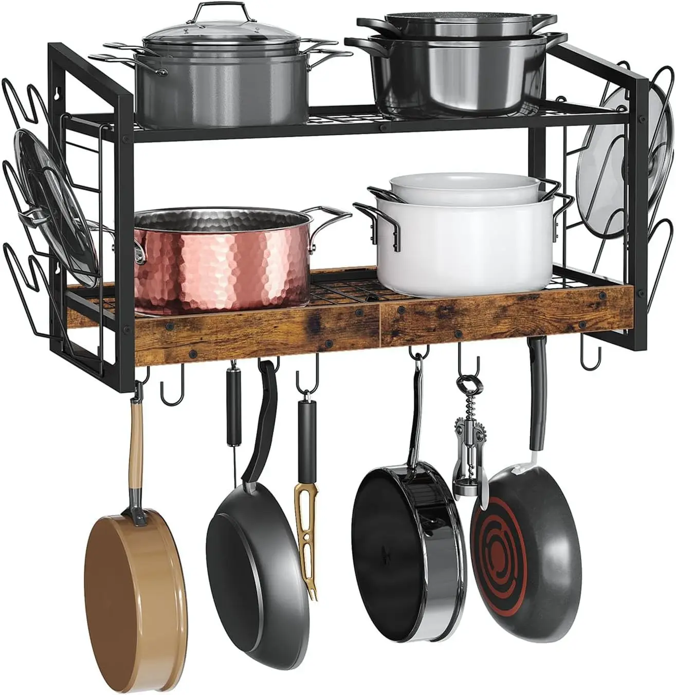 

2-Tier Wall-Mounted Pot Rack with 12 Hooks for Kitchen Storage of Pots, Pans, and Utensils in Rustic Brown