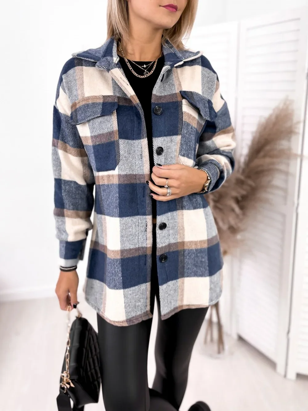 Women\'s S-2XL size new long sleeved single breasted plaid printed shirt collar woolen jacket tops camisas