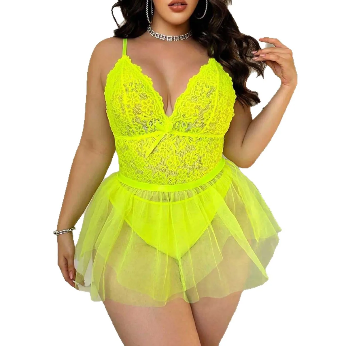 New Stylish Large Size Women's Sexy Lace Transparent Lingerie Underwear XXL Spaghetti Strap Teddy Babydoll Plus Size Nightgown