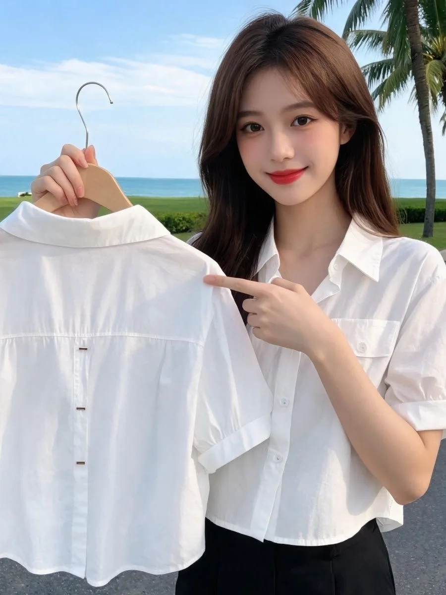 White Short Sleeve  Neck Shirt Women's Summer Top Breathable Korean Style Loose Fit Thin Material Pure Color Button Closure