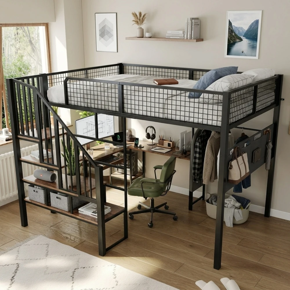 140x200cm Hochbettgestell aus schwarzem Metall, multifunktionales Etagenbett mit L-förmigem Eck-Computertisch, sicherer Zugangstreppe, ausziehbarer Tastatur-Schublade und Sicherheitsgeländer für