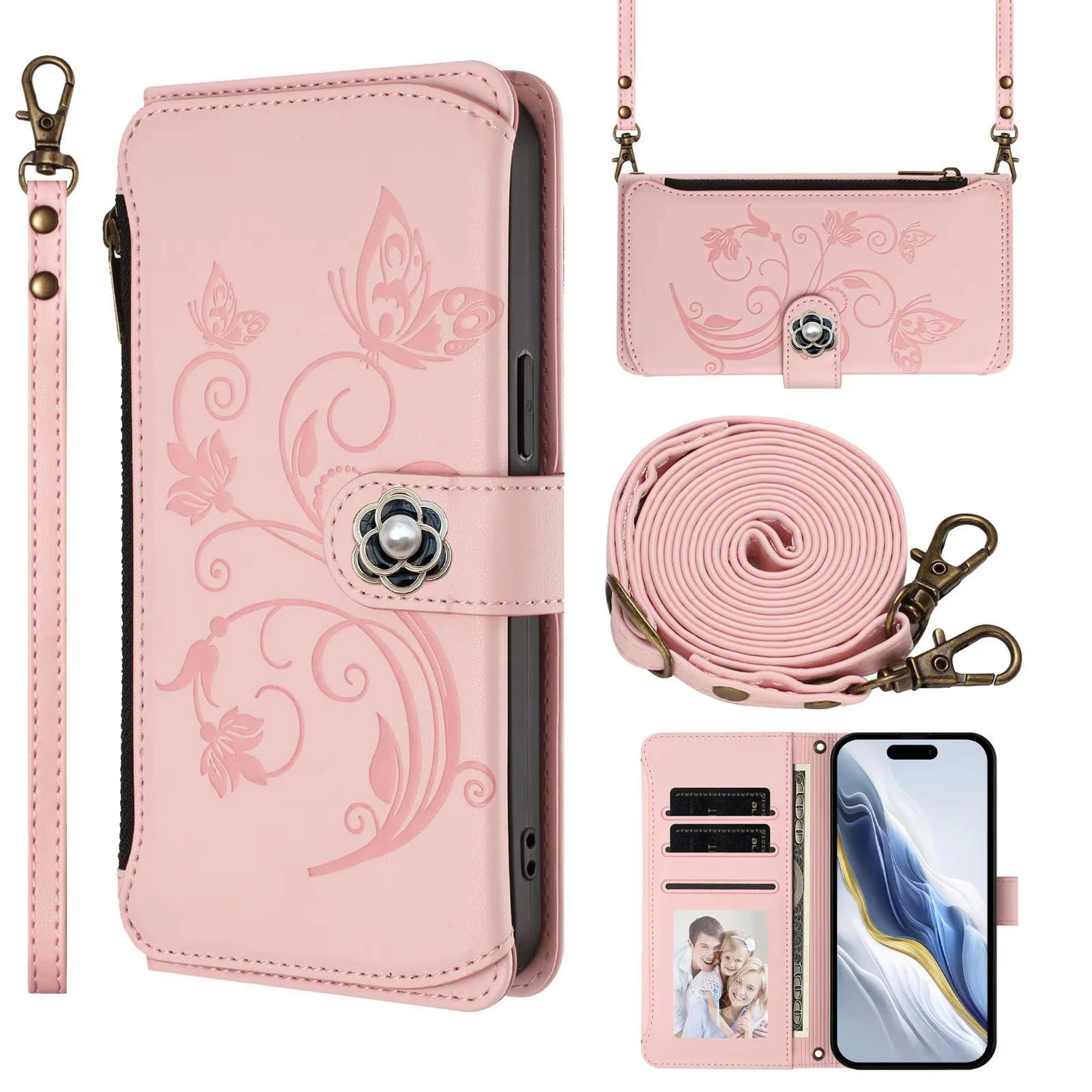 

Butterfly Flower Vine Crossbody Zipper Wallet Case For OPPO Reno 14F 14 Pro 13 12 11 10 9 8 7 6 5 4 Leather 5 Cards Flip Cover