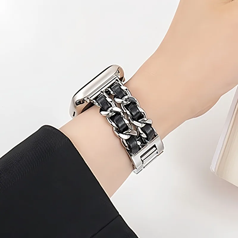 Luxuriöses Metall-Leder-Kettenarmband für Apple Watch 42mm 46 40 44 41 45 38 49mm Armband iWatch Series 12 11 10 9 8 7 6 5 4 SE