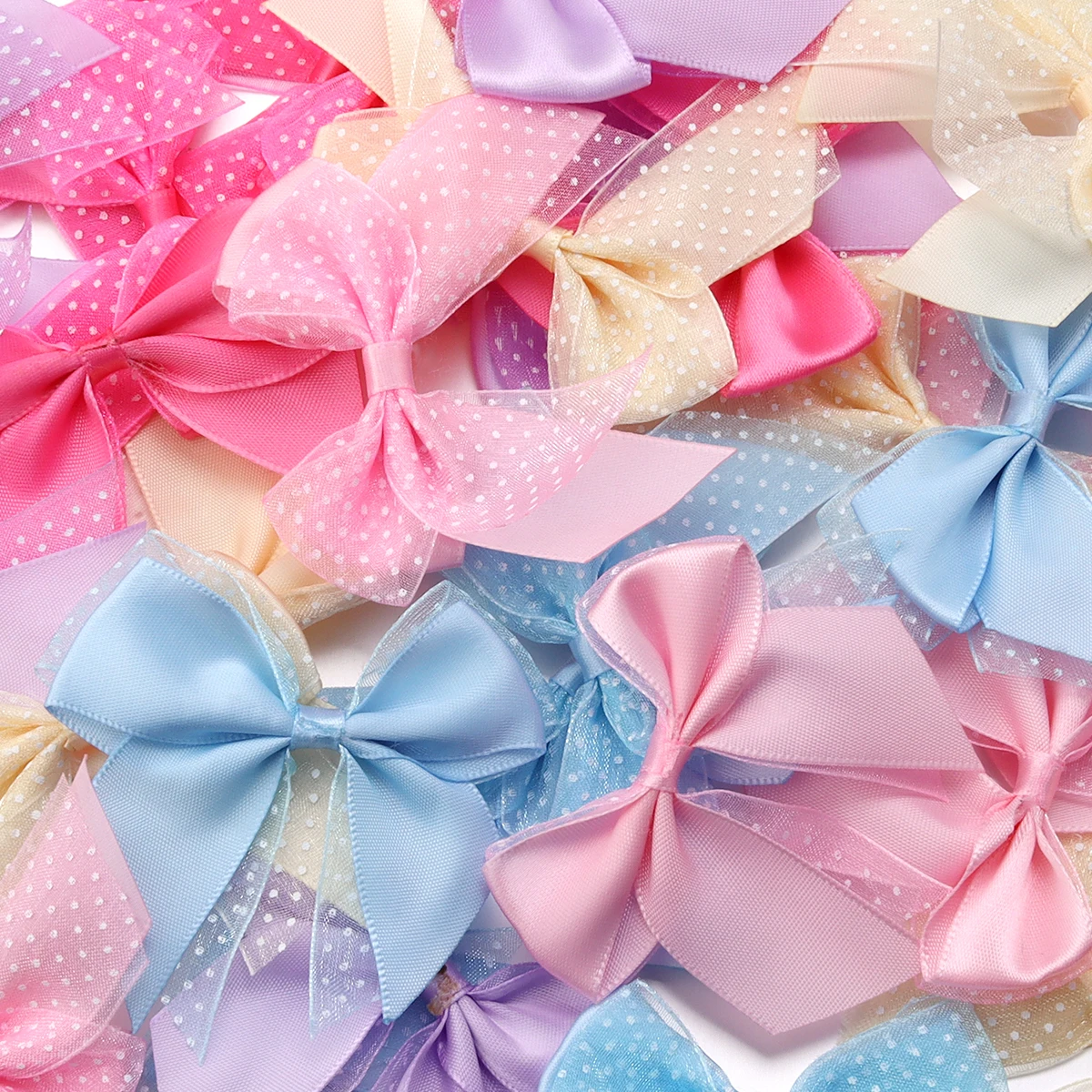 10 Stück 6 cm große, doppellagige, bunte Schleifen aus Polyester-Satinband, Organza-Schleifenblumen für DIY-Hochzeits- und Geburtstagsdekoration – Detail 6