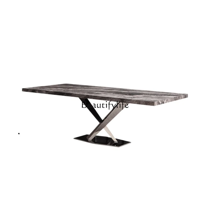 

Italian Minimalist Light Luxury Dining Table Simple Stainless Steel Rectangular Stone Plate Dining Table