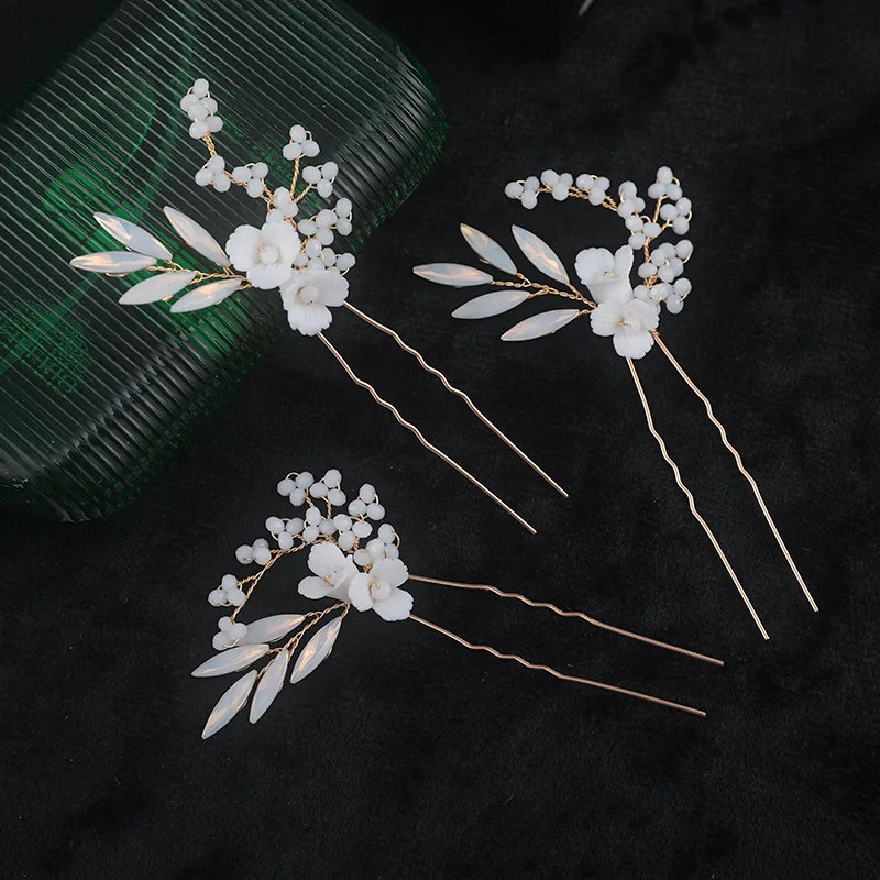 

Gold Color Ceramic Flower Hairpins Set Women White Crystal Bridal Hair Pin Clip Handmade Wedding Prom Jewelry