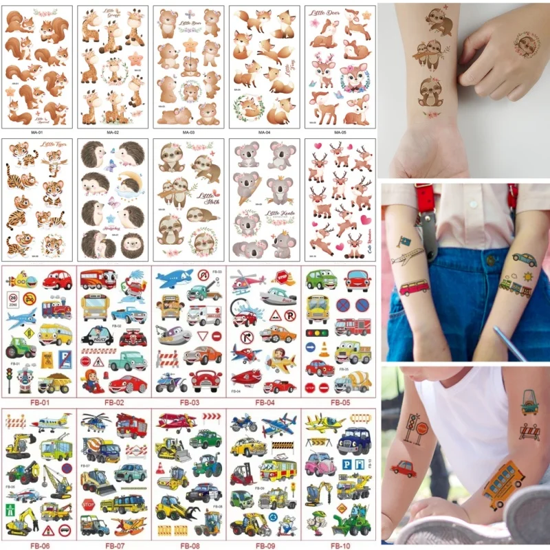 20pcs/set Temporary Tattoo for Kids Children Animal Vehicle Bus Plane Truck Cartoon Fake Tattoss Stickers Boys Girls Party Decor