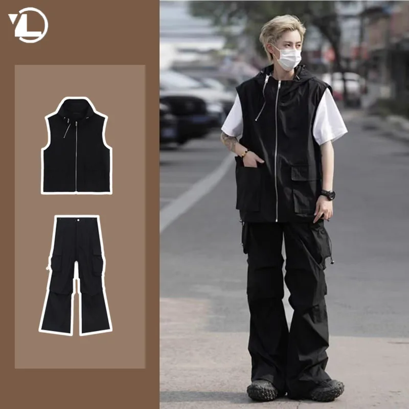 Summer Casual Sleeveless Set Men Hip Hop Loose Hooded Vest+Pockets Straight Leg Cargo Pants 2-piece Outdoors Sports Camp Suit