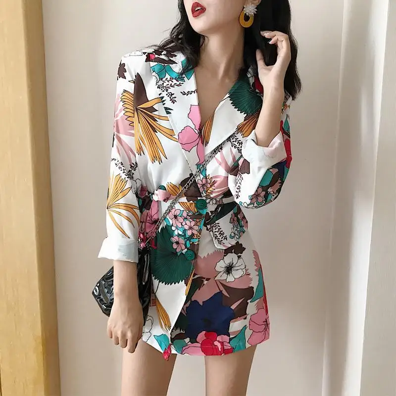 New Fashion Trend Women Print Flower Long Sleeves Suit Jacket Elegant Autumn Winter Office Lady Cardigan Coat Casual Streetwear