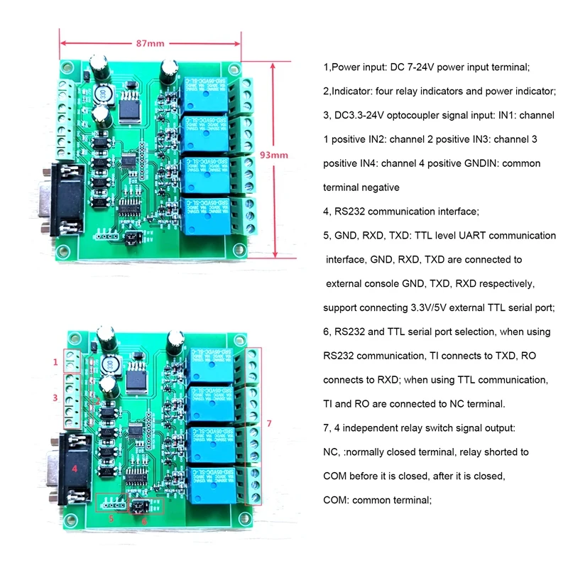 Módulo de Relé Modbus RTU de 4 Canais, Suporte RS232, Interface TTL UART, DC 7-24V