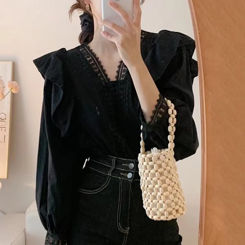 Chic Korean Style V-neck Loose Casual Puff Sleeve Ruffles Women Blouse Spring Summer Long Sleeve Women Blouses Lady Tops 1983