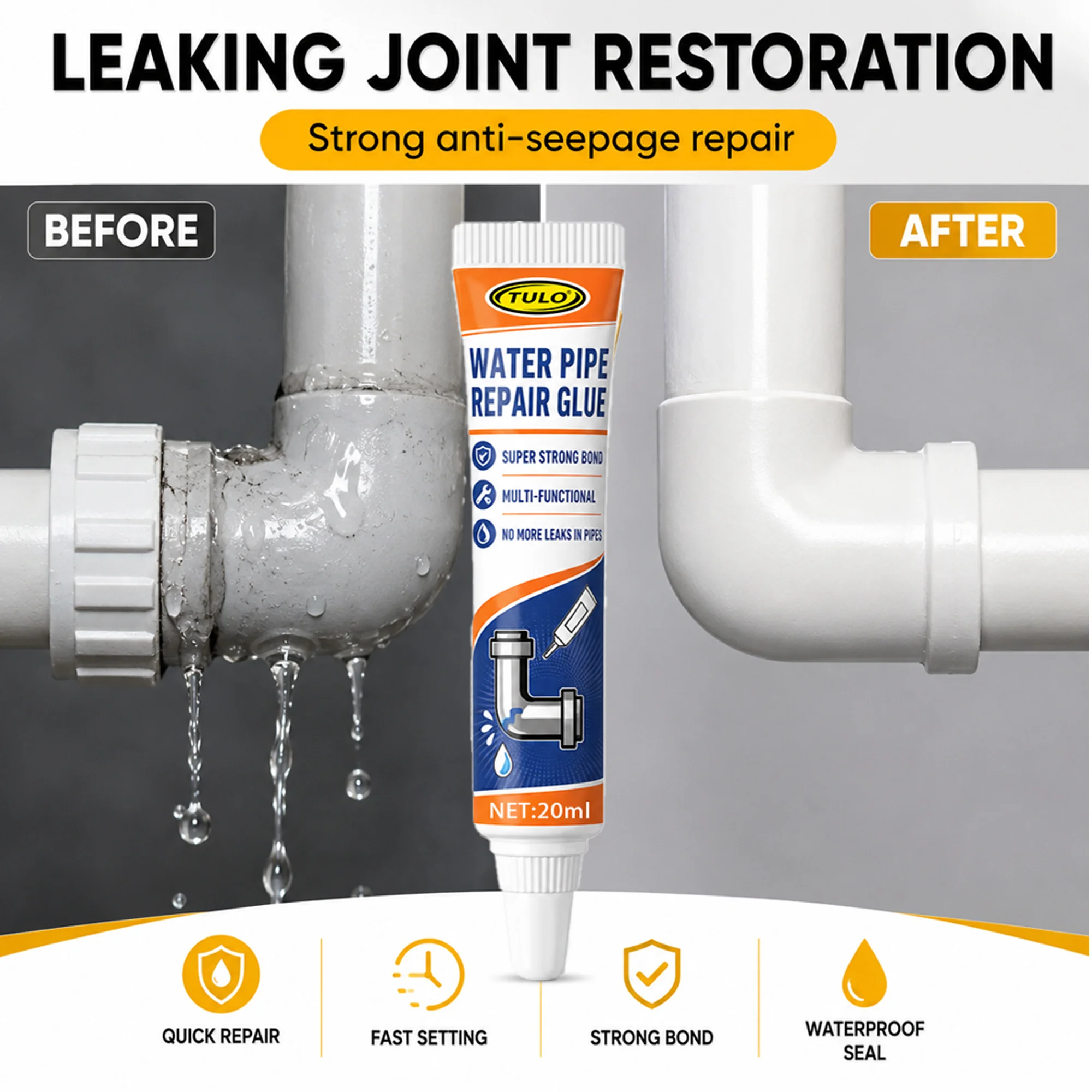 Water Pipe Leak Repair Glue, Seals Cracks & Joint Leaks Fast, Strong Waterproof Anti-Leak for Plastic Pipes, Easy No-Tool Use