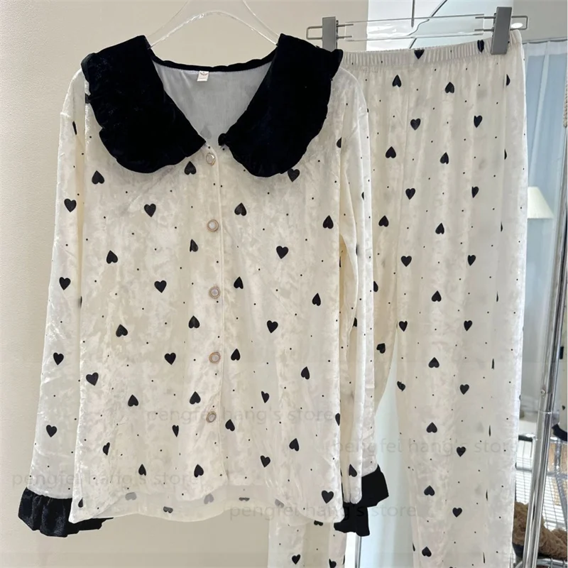 

Милый кукольный воротник, топ, брюки, 2 шт., зимняя одежда для сна, женская элегантная домашняя одежда, теплая велюровая пижама Mujer, бархатная пижама De Mujer