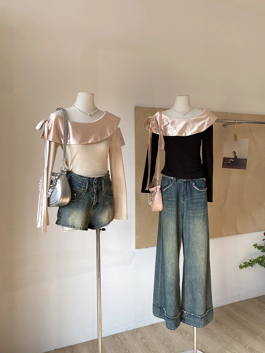 

Модная женская футболка с открытыми плечами и длинным рукавом, приталенная, осенняя коллекция 2025, для повседневной носки, универсальная, больших размеров, топ для женщин