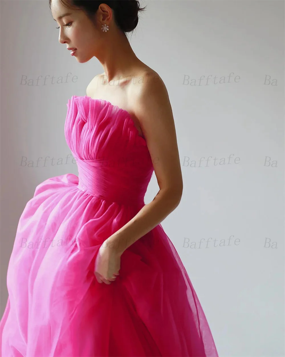 Bafftafe Fuchsia Tulle Long Prom Dresses Customized Pleated Strapless Korea Lady Evening Dress Formal Party Women Gowns 프롬드레스