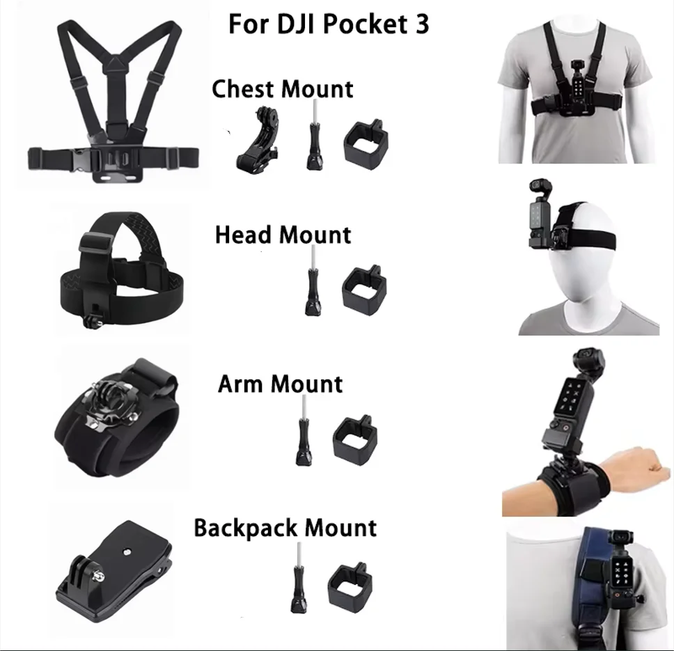 Accessories Kit for DJI Osmo Pocket 3 Head Strap Mount Chest Strap Mount Harness Backpack Clip Holder Wrist Strap Wristband