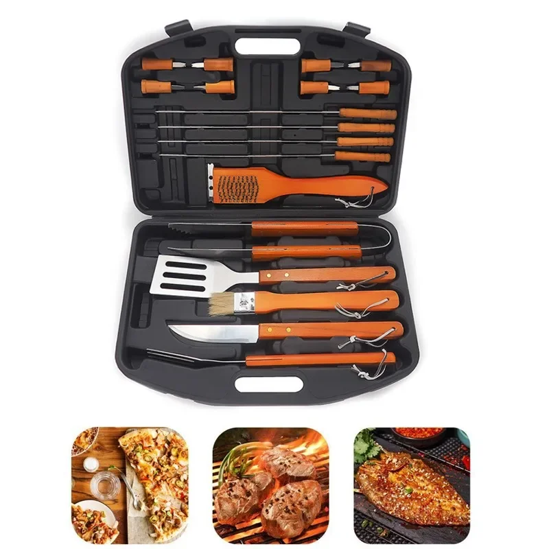 19-Piece Wooden Grill Tool Set BBQ Accessories Durable Stainless-Steel Utensils with Recycled Plastic Case Spatula Tongs