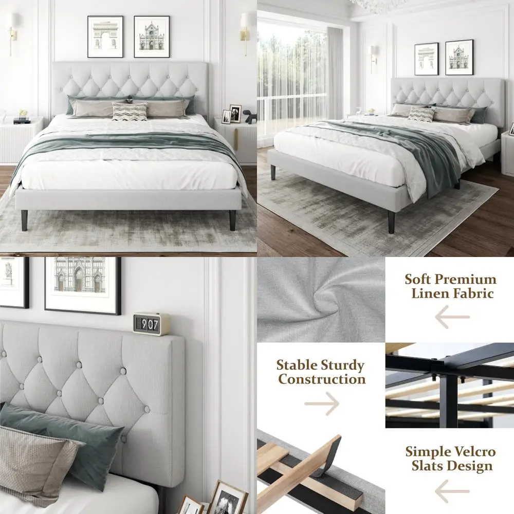 

Upholstered King-Size Platform Bed with Button Tufted Headboard, Wooden Slat Support, No Box Spring Required, Easy Assembly