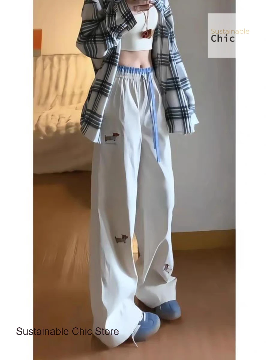 American contrast embroidered high waist straight pants female summer new puppy embroidered breathable Joker casual pants.