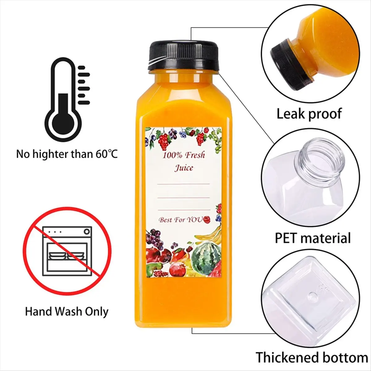 AA83 20Pcs 12oz Empty Plastic Juice Bottles with Caps,Reusable Water Bottles, Clear Containers with Black Tamper Evident Lids
