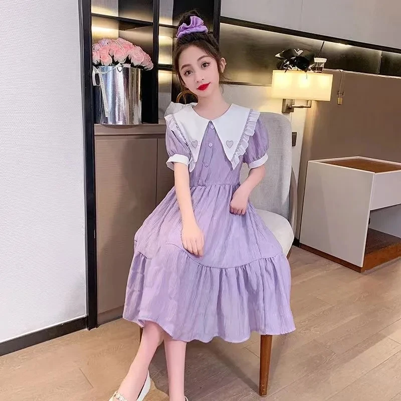 Doll Collar Sweet Girls Dress Summer Short Sleeve A-line Dresses Loose Fashion Midi Elbise Korean Children's Princess Vestidos