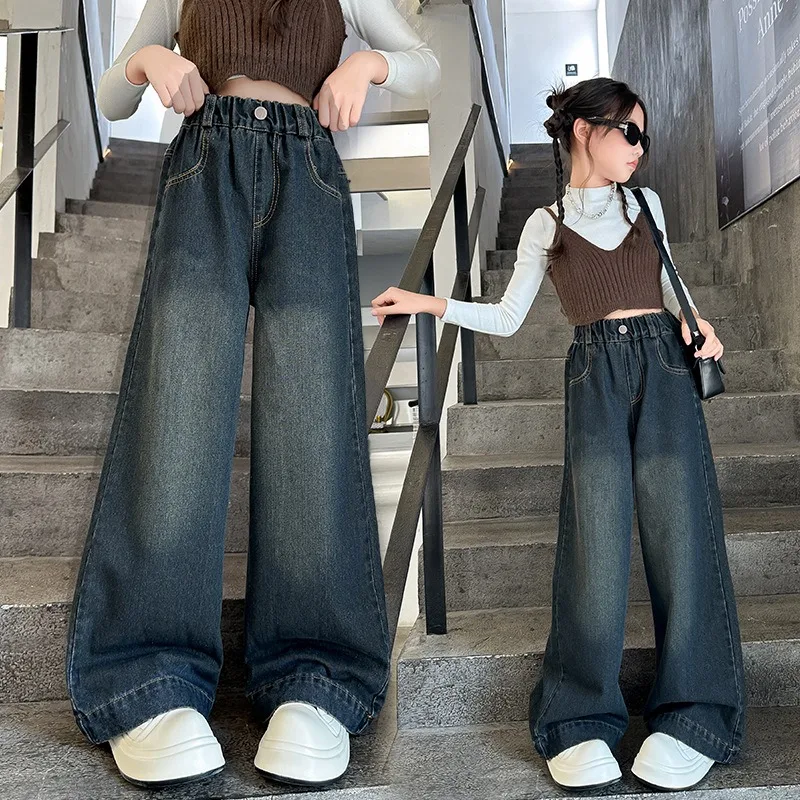 Autumn UNITIM Children Girls Jeans Retro Solid Young Teenagers Girls Straight Pants Loose Bow 4-14Yrs Kids Girls Denim Pants