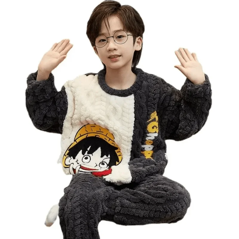 

New Cartoon Pajamas One Piece Luffy Zoro Nami Usopp Chopper Peripheral Creative Thickened Flannel Children's Home Clothing Set