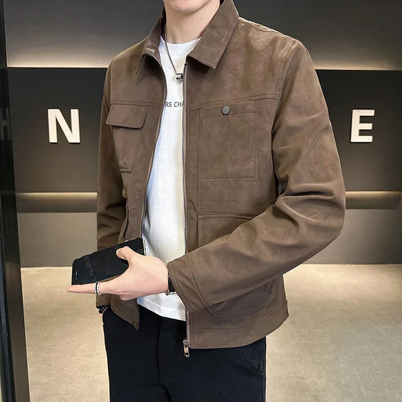 2025 Nowa zamszowa kurtka męska z klapami i klapami Premium