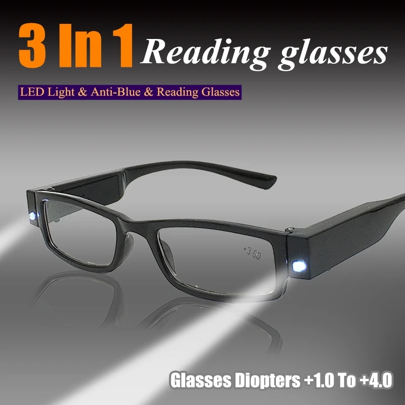 2022 Full Frame Reading Glasses +1.0 +1.5 +2.0 To +4.0 LED with Light Reading Glasses for Women and Man Fashion Glasses