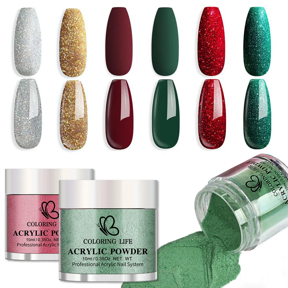 ﻿ 6 pçs/set prego acrílico pó & monômero líquido para o natal vermelho verde com glitter cristal mergulhando poeira 3d dicas de unhas extensão