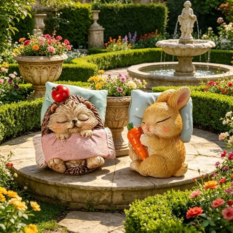 Mini Resin Sleeping Animal Figurines Hedgehog Rabbit Squirrel Flower Pot Ornament Fairy Garden Succulent Desktop Decor Gift