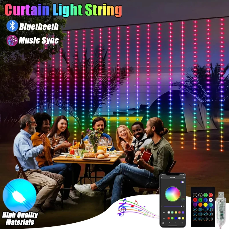 RGBIC Stringa di luce per tende APP Luci di controllo Bluetooth Spina USB Telecomando Luce per tende a LED per decorazioni della stanza