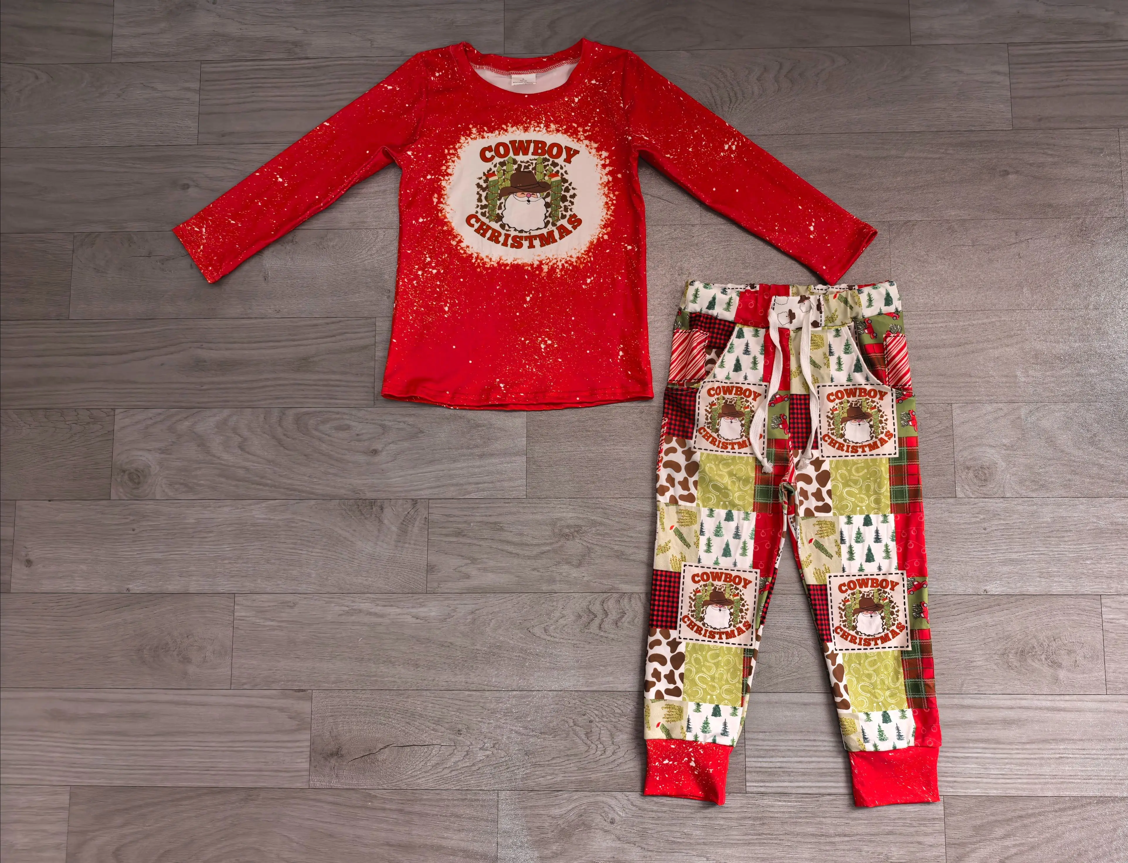 Wholesale Children Christmas Set Boys Red Long Sleeves Santa Shirt Pockets Cactus Pants Baby Boy Clothes Kids Toddler Outfit